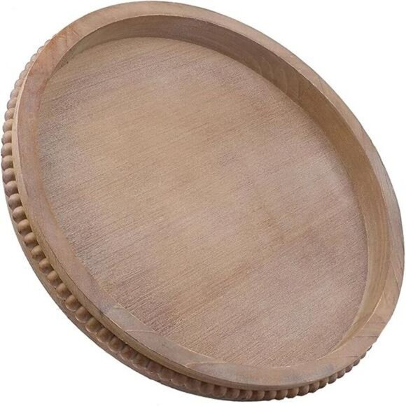 Round Wood Serving Tray Rustic Centerpiece Ottoman Tray Home Decor Organizer - Picture 7 of 7